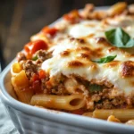 Close-up of a ground turkey casserole with melted cheese and herbs in a white dish