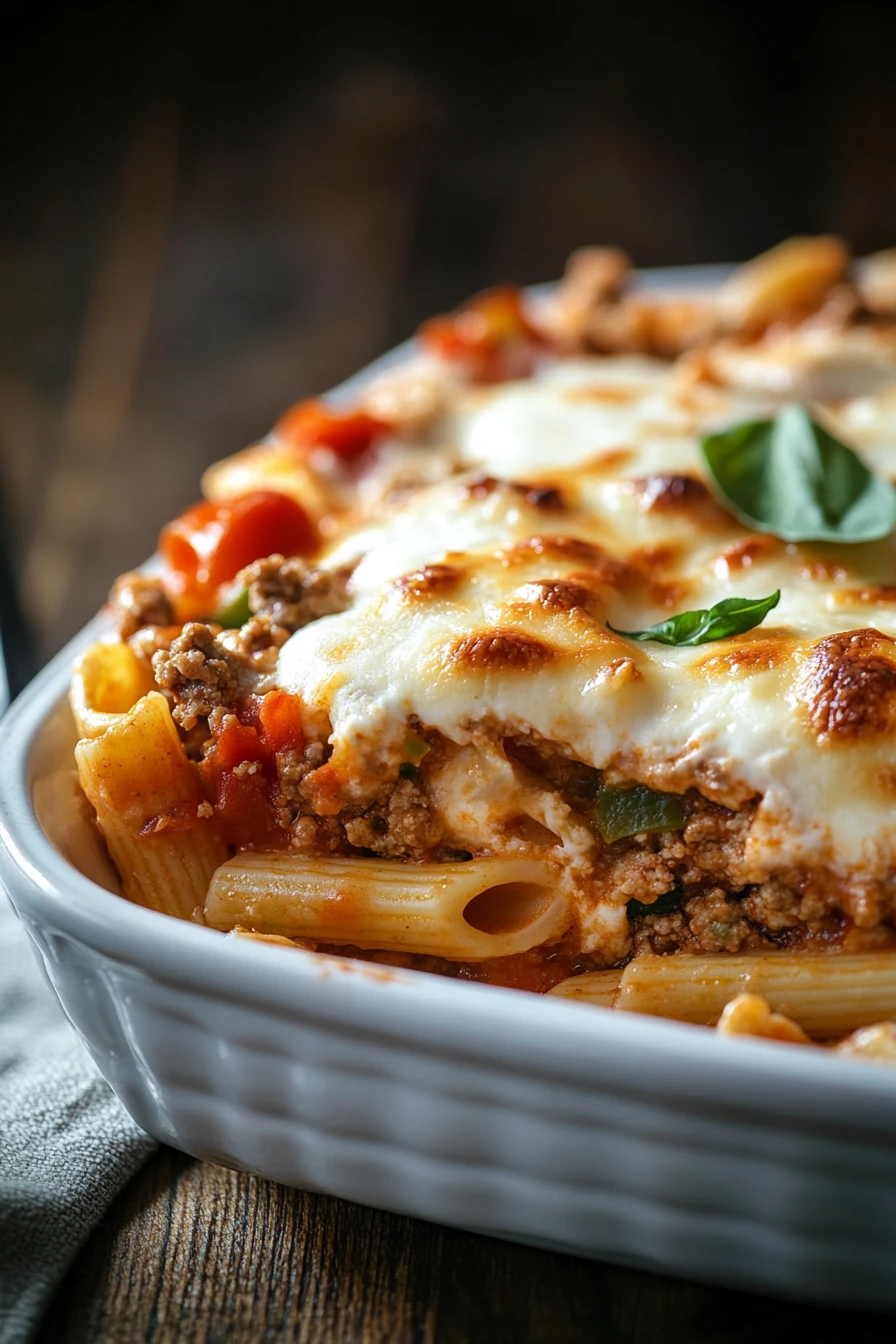 Close-up of a ground turkey casserole with melted cheese and herbs in a white dish