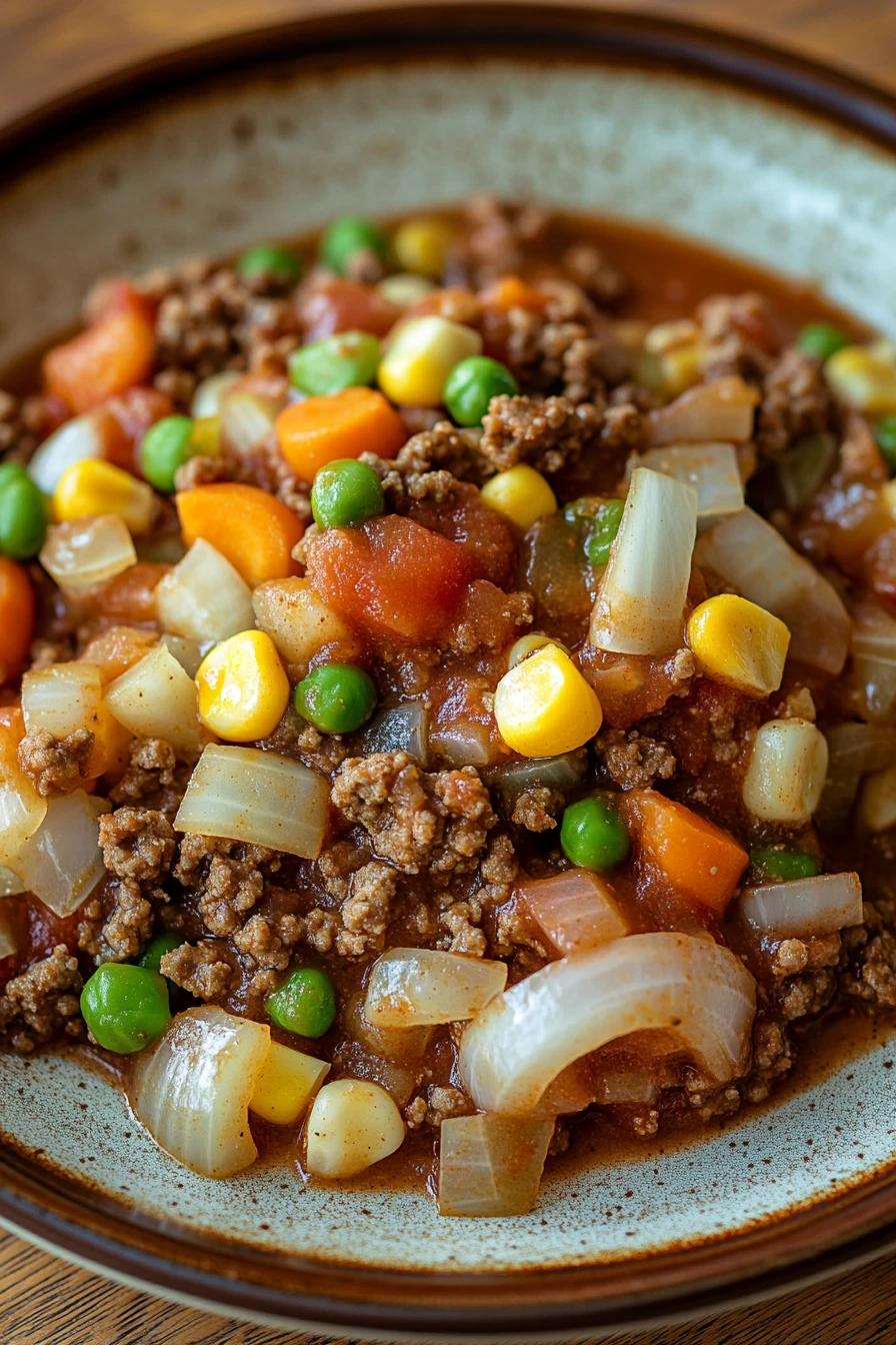 When You Need an Easy Ground Beef Crockpot Dinner for Busy Nights 2 Close-up of a hearty ground beef crockpot dish with visible vegetables in bright lighting.