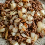Close-up of a hearty ground beef dish cooked on a stove top with rich textures and warm lighting.