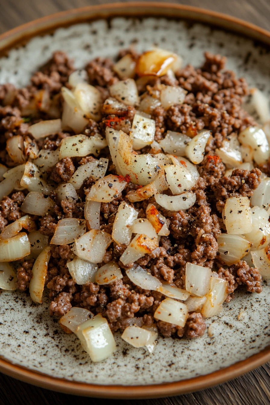 Close-up of a hearty ground beef dish cooked on a stove top with rich textures and warm lighting.