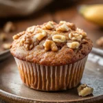 Close-up of high protein banana nut muffin with a clean background