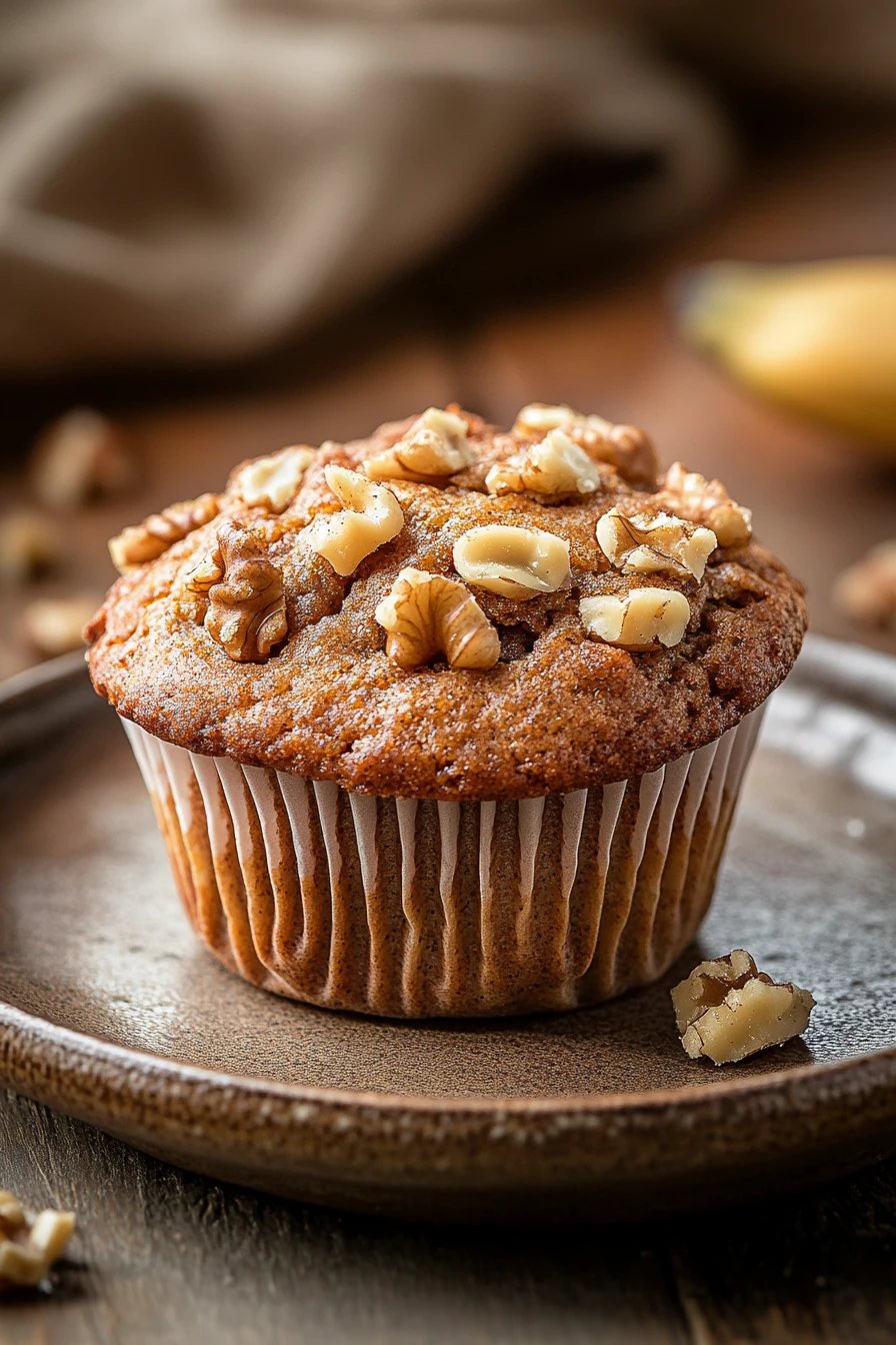 Close-up of high protein banana nut muffin with a clean background