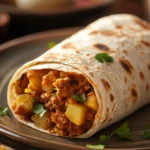 Close-up of a high protein beef and potato burrito with bright lighting and sharp textures.