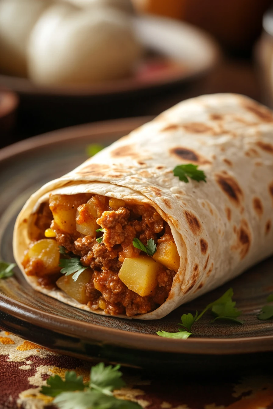 Close-up of a high protein beef and potato burrito with bright lighting and sharp textures.