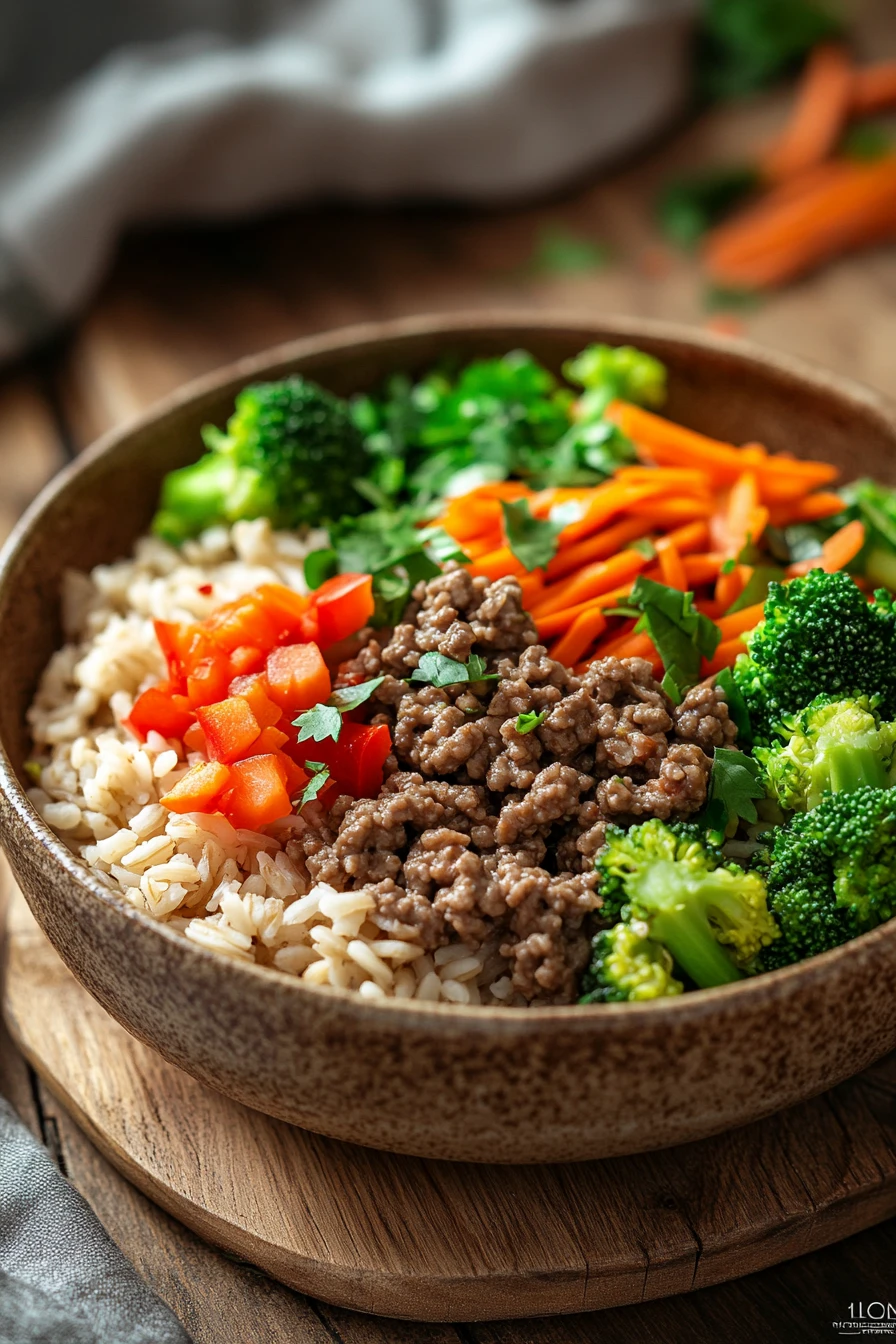 Close-up of a high protein beef and rice bowl with vibrant vegetables and a clean background.