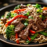 Close-up of high protein beef noodles with vibrant colors and appetizing presentation