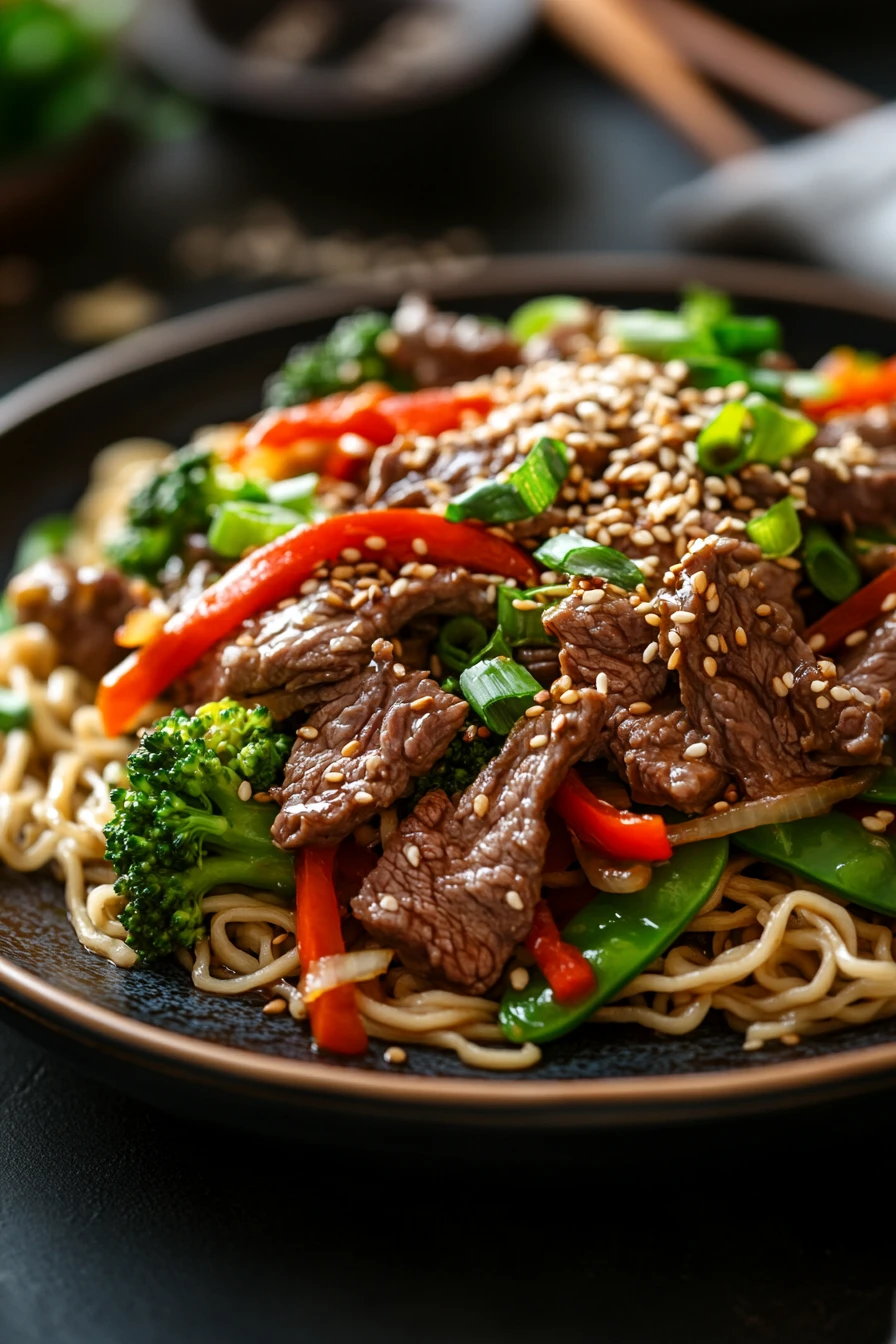 Close-up of high protein beef noodles with vibrant colors and appetizing presentation