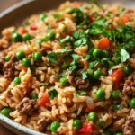 Close-up of a high protein beef rice dish with vibrant colors and appetizing presentation.