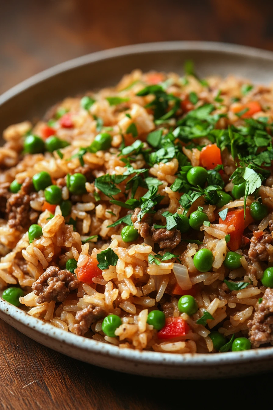 Close-up of a high protein beef rice dish with vibrant colors and appetizing presentation.