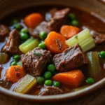 Close-up of a hearty beef stew in a crockpot with chunks of beef and vegetables.