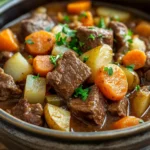 Close-up of a hearty beef stew with chunks of beef and vegetables in a rich broth