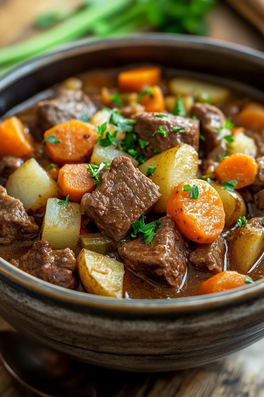 Close-up of a hearty beef stew with chunks of beef and vegetables in a rich broth