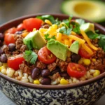 Close-up of a high protein beef taco bowl with fresh ingredients and vibrant colors.