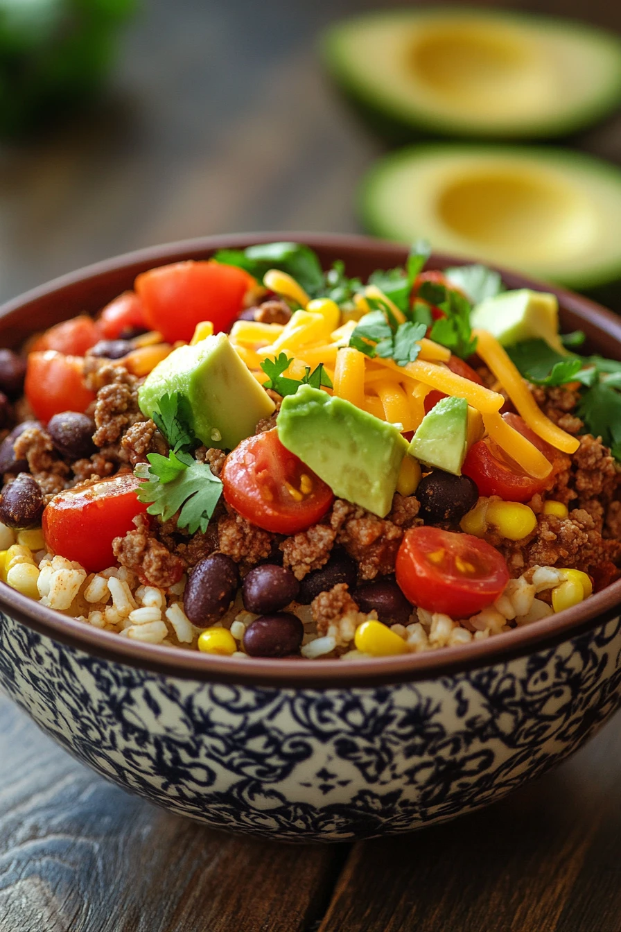 Close-up of a high protein beef taco bowl with fresh ingredients and vibrant colors.