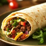 Close-up of a high protein beef wrap with fresh ingredients and minimal background