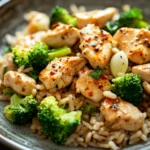 Close-up of a high protein chicken broccoli rice dish with vibrant colors and appetizing presentation.