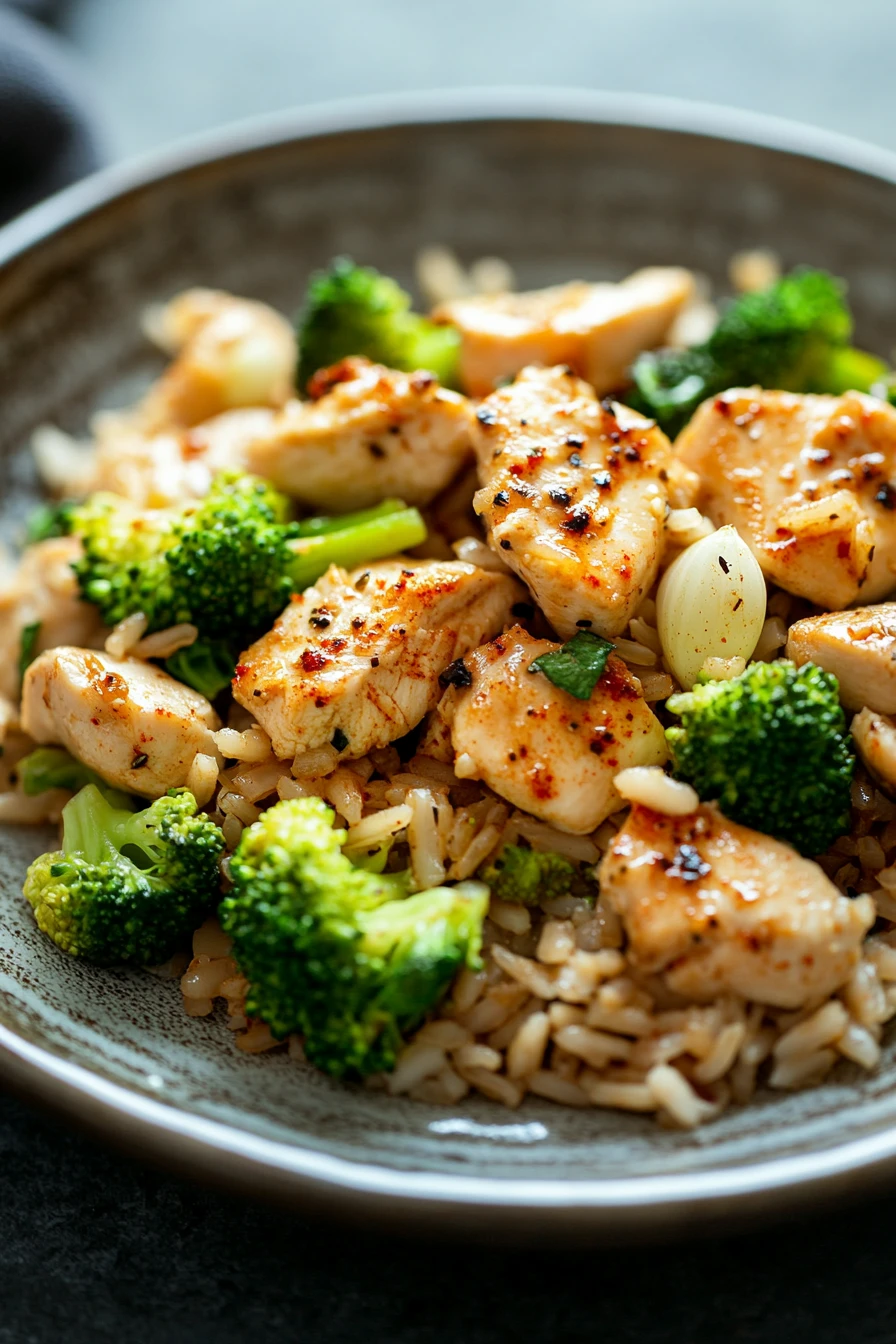 Close-up of a high protein chicken broccoli rice dish with vibrant colors and appetizing presentation.