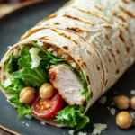 Close-up of a high protein chicken caesar wrap with fresh ingredients and creamy dressing