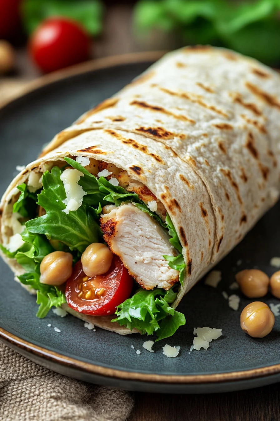 Close-up of a high protein chicken caesar wrap with fresh ingredients and creamy dressing