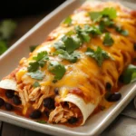 Close-up of high protein chicken enchiladas with melted cheese and fresh herbs