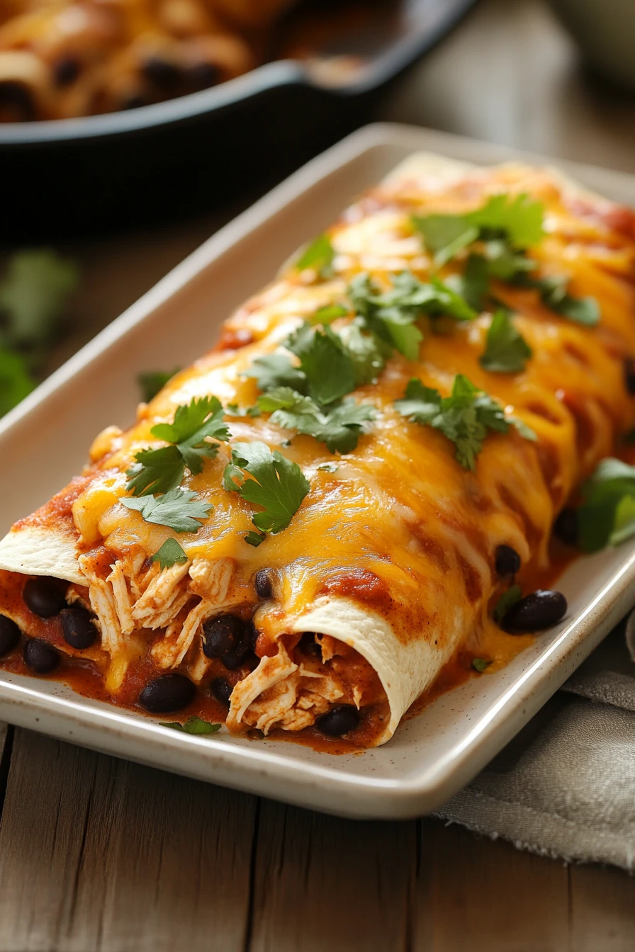 Close-up of high protein chicken enchiladas with melted cheese and fresh herbs