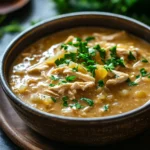 Close-up of a chicken dish with creamy gravy, garnished with herbs, showcasing high protein chicken gravy.
