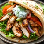 Close-up of a high protein chicken gyro with fresh vegetables and creamy sauce.