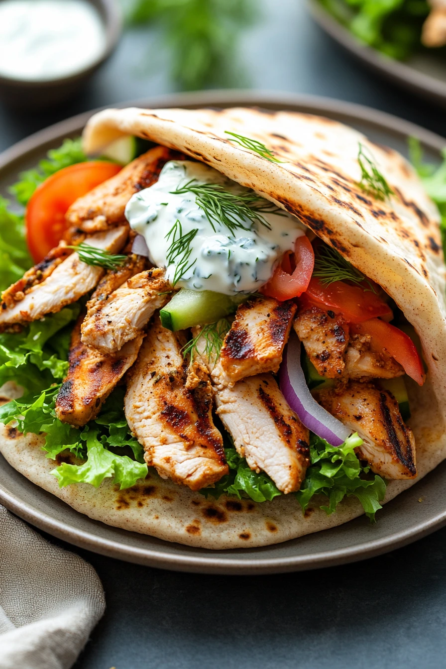 Close-up of a high protein chicken gyro with fresh vegetables and creamy sauce.