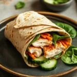 Close-up of a high protein chicken hummus wrap with fresh ingredients