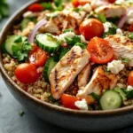 Close-up of a colorful chicken quinoa salad with fresh vegetables.