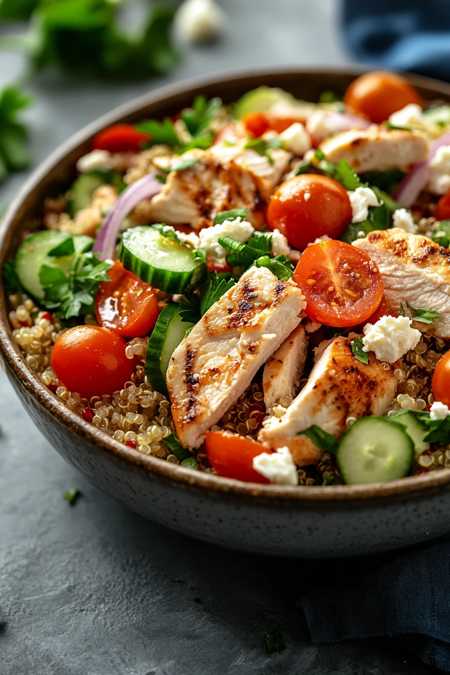 Close-up of a colorful chicken quinoa salad with fresh vegetables.