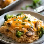 Close-up of a high protein chicken rice casserole with golden crust and herbs.