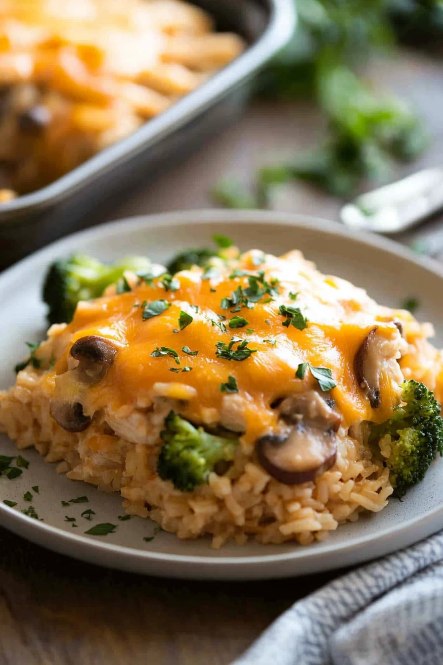 Close-up of a high protein chicken rice casserole with golden crust and herbs.