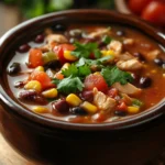 Close-up of a high protein chicken taco soup with vibrant ingredients and garnishes.