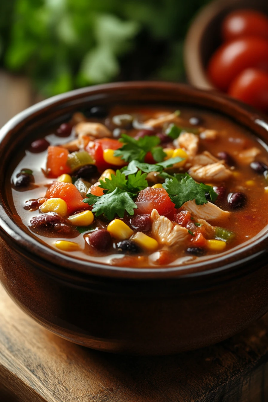 Close-up of a high protein chicken taco soup with vibrant ingredients and garnishes.