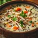 Close-up of creamy chicken and wild rice soup in a white bowl with herbs