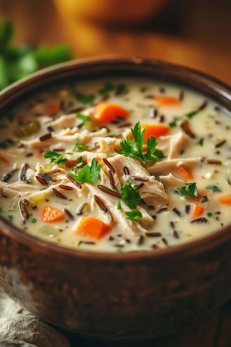 Close-up of creamy chicken and wild rice soup in a white bowl with herbs