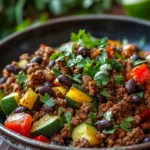 Close-up of a hearty ground beef dish with bright, natural lighting