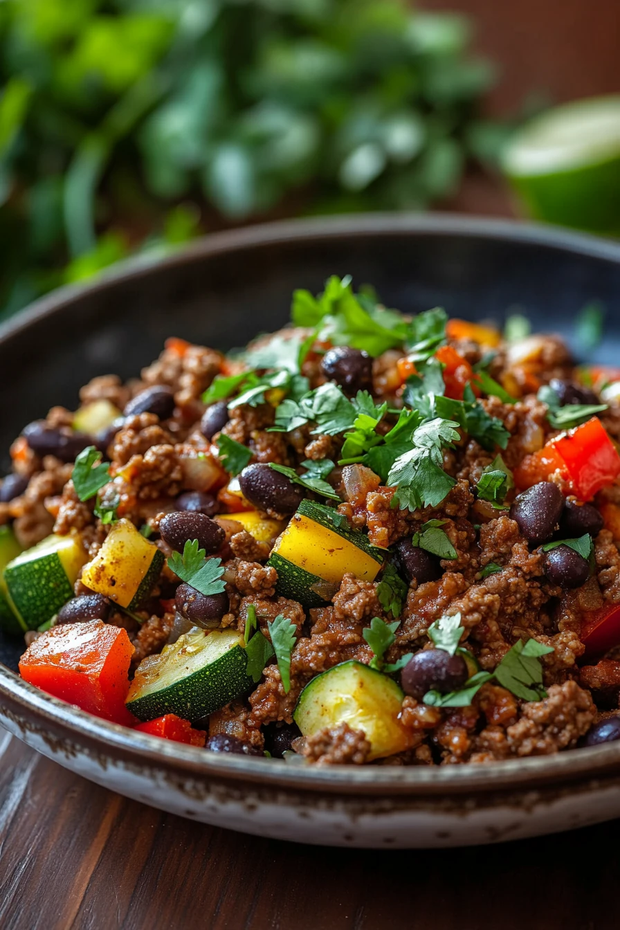 Close-up of a hearty ground beef dish with bright, natural lighting