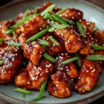 Close-up of high protein Korean BBQ chicken with a glossy glaze and garnished with sesame seeds.
