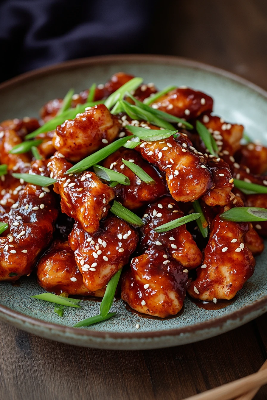 Close-up of high protein Korean BBQ chicken with a glossy glaze and garnished with sesame seeds.