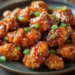 Close-up of crispy Korean fried chicken with a golden brown crust, served on a white plate.