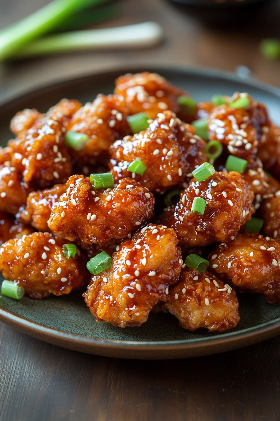 Close-up of crispy Korean fried chicken with a golden brown crust, served on a white plate.