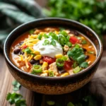 Close-up of high protein low calorie chicken enchilada soup with visible chicken and creamy sauce