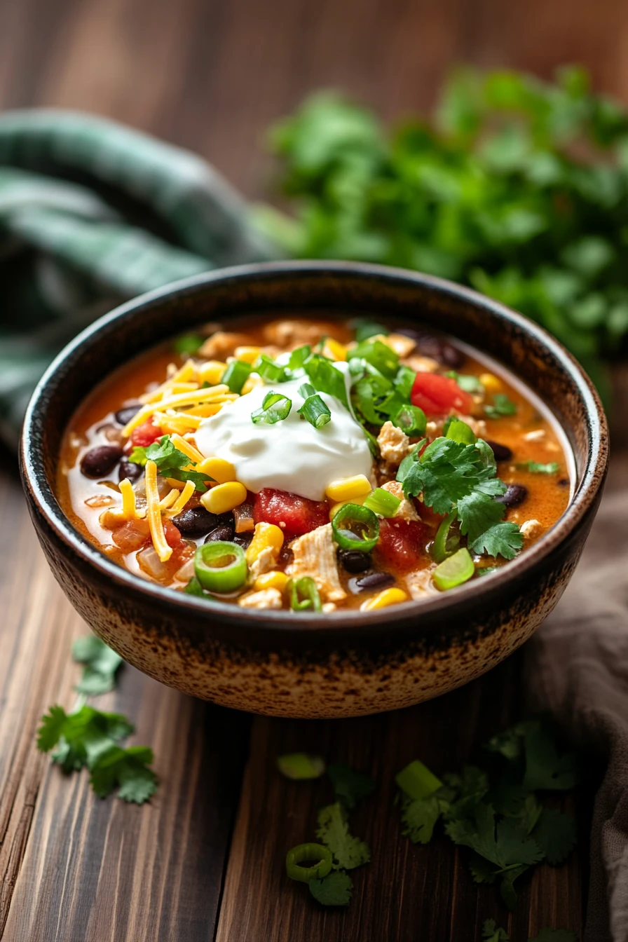 Close-up of high protein low calorie chicken enchilada soup with visible chicken and creamy sauce