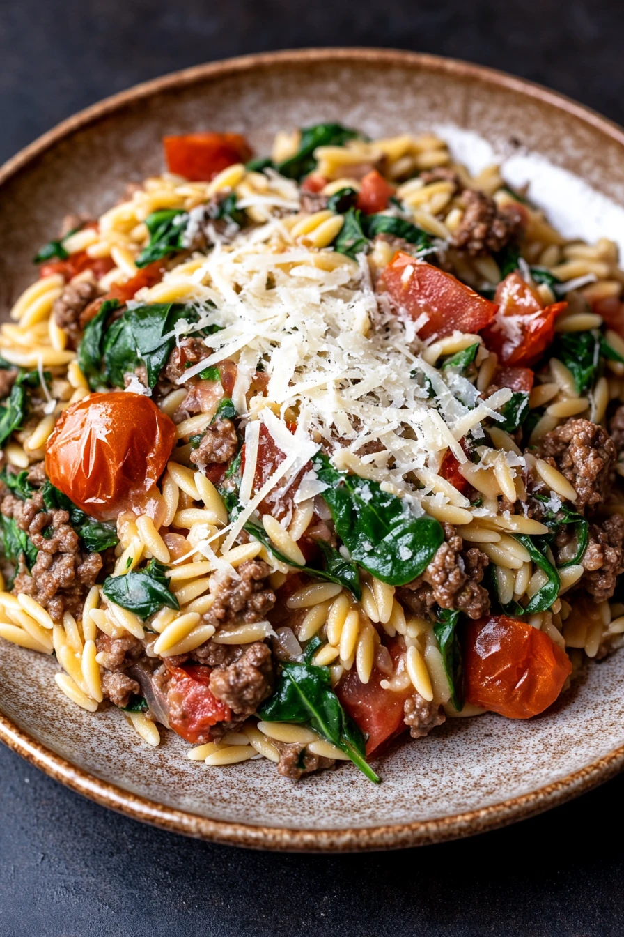 High Protein Orzo Beef for When You Need a Hearty Dinner Fix 2 Close-up of high protein orzo beef dish with vibrant colors and appetizing presentation.