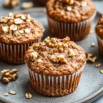 Close-up of a high protein vegan muffin with a golden brown top and visible texture.
