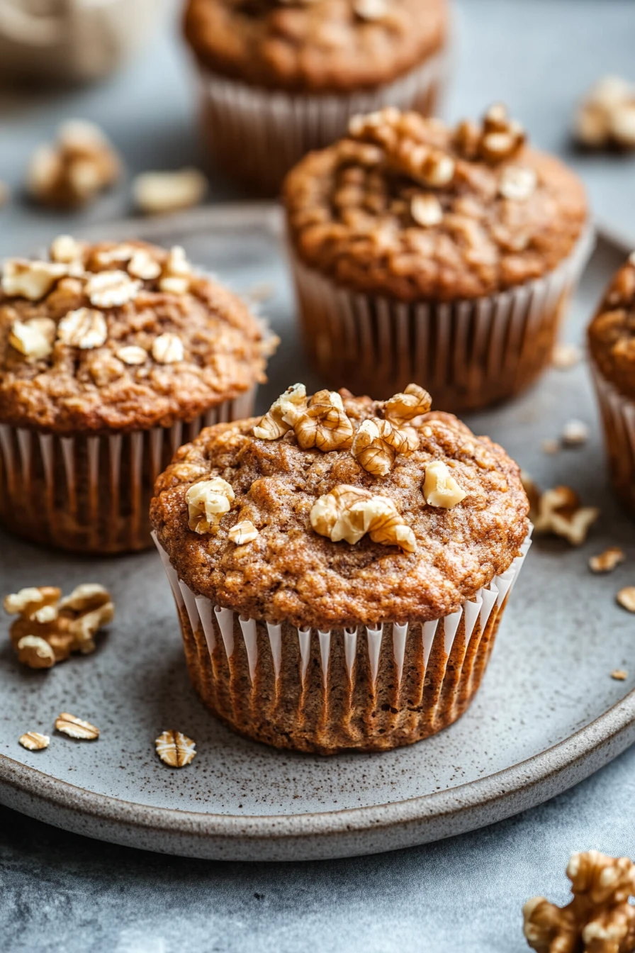 Close-up of a high protein vegan muffin with a golden brown top and visible texture.