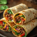 Close-up of high protein beef wraps with fresh ingredients on a clean background